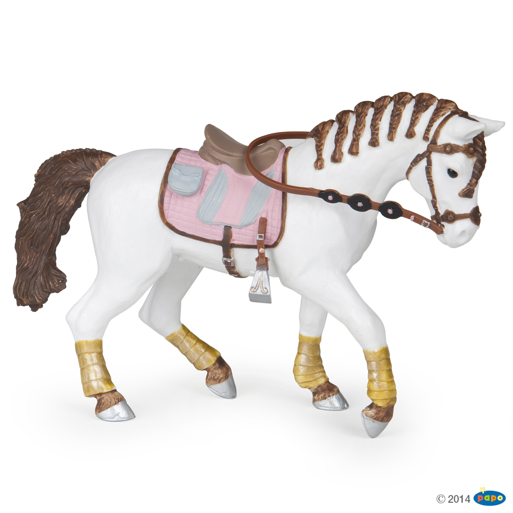 Papo Белая лошадь с заплетенной гривой для езды верхом, розовая накидка, арт. 51525