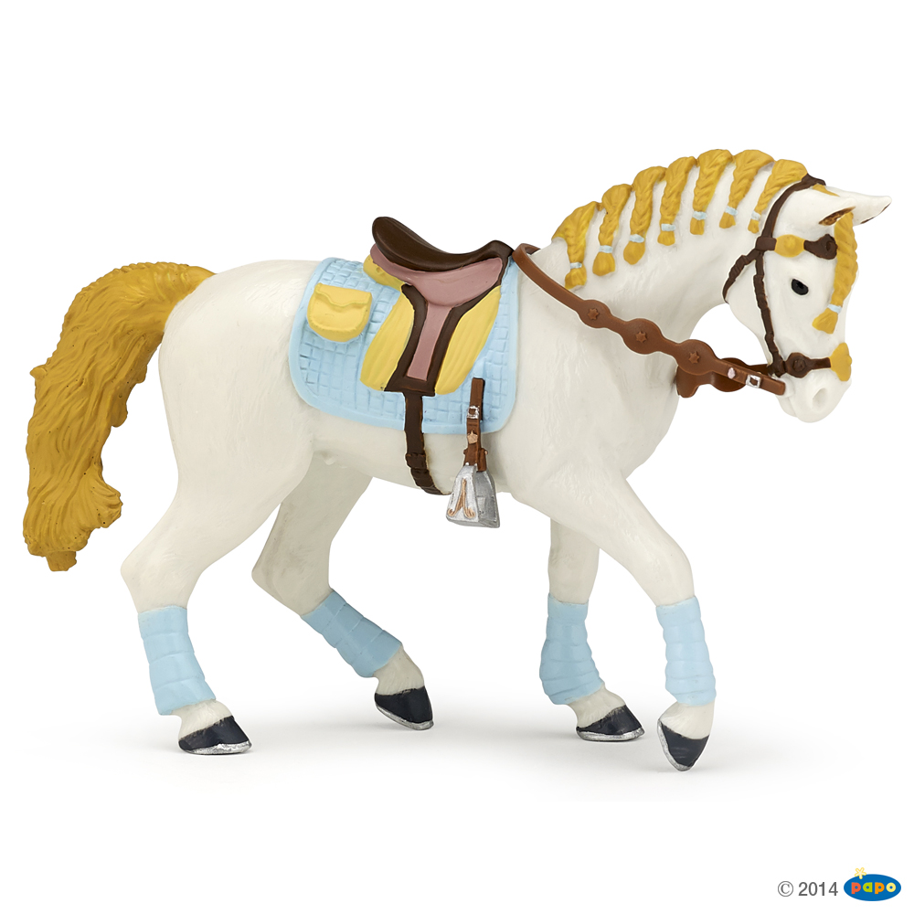 Papo Белая лошадь с заплетенной гривой для езды верхом, голубая накидка, арт. 51545